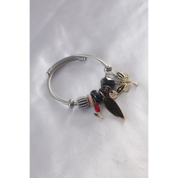Çelik Charm Model Siyah Figür Yaprak Detay Kadın Bileklik - TJ-BB4795