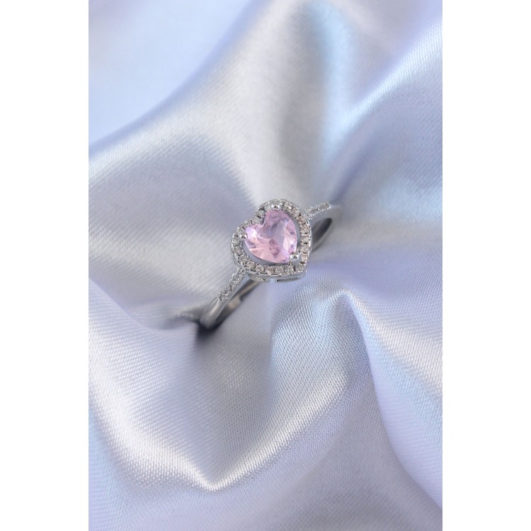 Silver Color Pink Zircon Stone Heart Charm Model Brass Women's Ring TJ-BYK2617