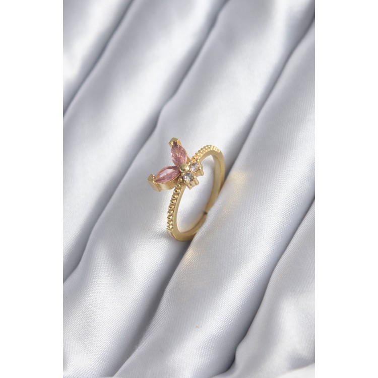 Gold Renk Pembe Zirkon Taşlı Model Kadın Yüzük TJ-BYK2842