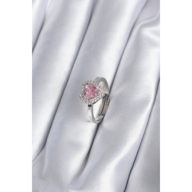 Pirinç Gümüş Renk Pembe Zirkon Taşlı Charm Model Kadın Yüzük TJ-BYK2864