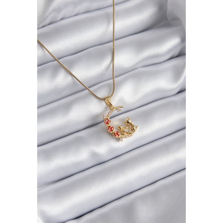316L Steel Gold Color Crescent Cat Model Zircon Stone Detailed Women's Necklace TJ-BKO8140