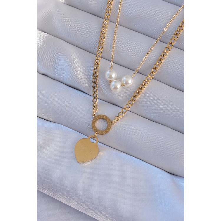 316L Steel Gold Color Double Chain Pearl Detail Love Heart Necklace TJ-BKO8939