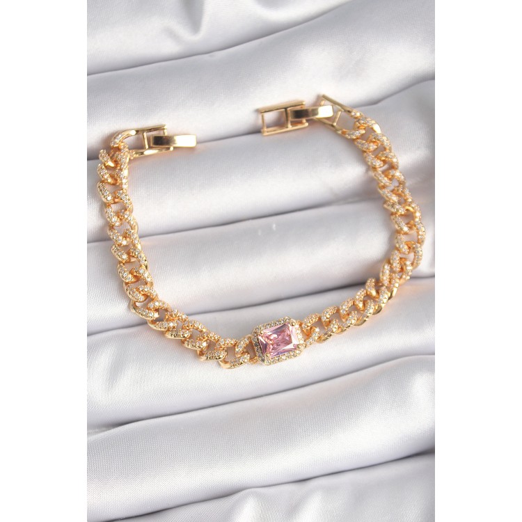 Brass Gold Color Pink Square Zircon Stone VIPSeries Women's Bracelet - TJ-BB6488