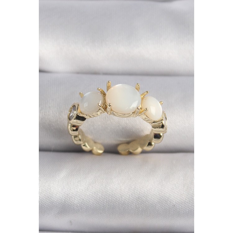 Brass Gold Color Zircon Stone Detailed White Pearlescent VIP Series Women's Ring TJ-BYK3504