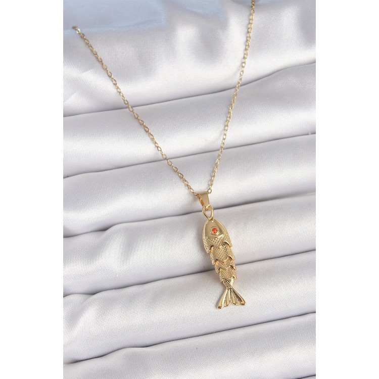 316L Çelik Zincir Gold Renk Zirkon Taşlı Balık Figürlü Kolye TJ-BKO10234