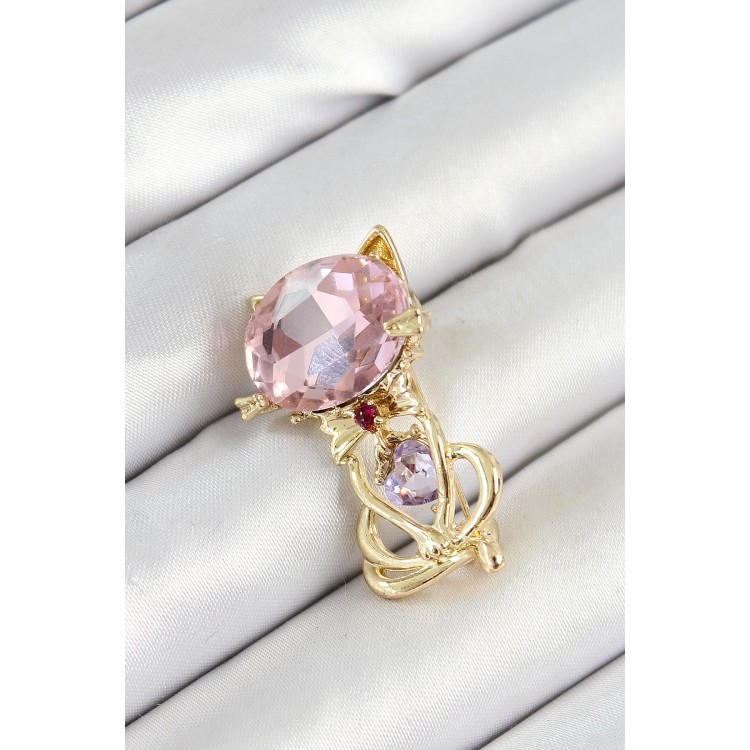 Pembe Zirkon Taşlı Kap Detaylı Kedi Figürlü Gold Renk Kadın Broş TJ-BR447