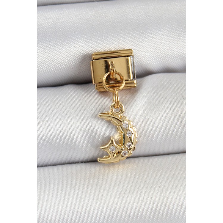 316L Çelik Sallantılı Zirkon Taşlı Ay Model Gold Renk Nomination Charm - TJ-BC1431