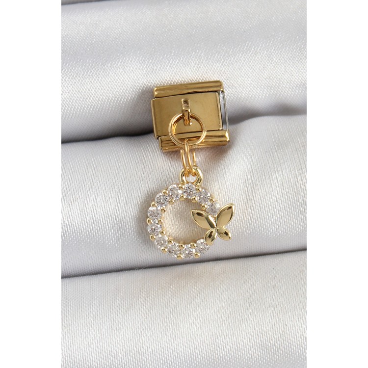 316L Çelik Sallantılı Zirkon Taşlı Detaylı Halka Model Gold Renk Nomination Charm TJ-BC1440
