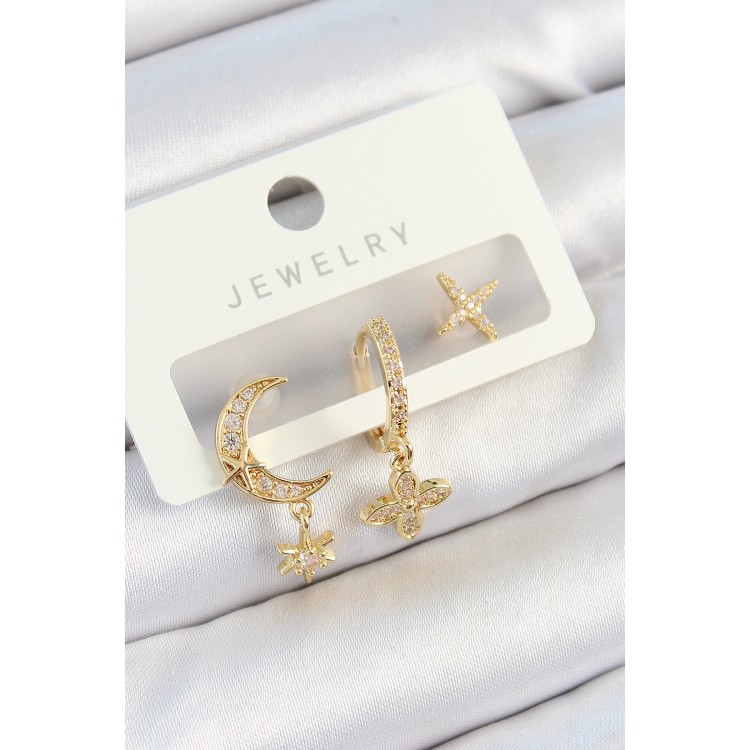 Pirinç Zirkon Taşlı Çiçek Ve Ay Model Gold Renk 3'lü Çift Kadın Küpe Set TJ-BKP10827