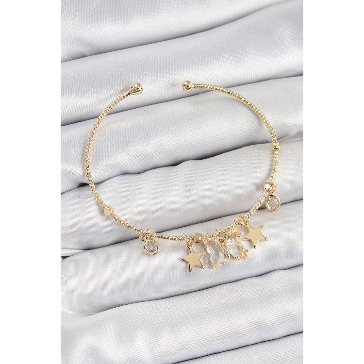 Pirinç Zirkon Taşlı Ve Yıldız Model Gold Renk Charm Bileklik TJ-BB7355