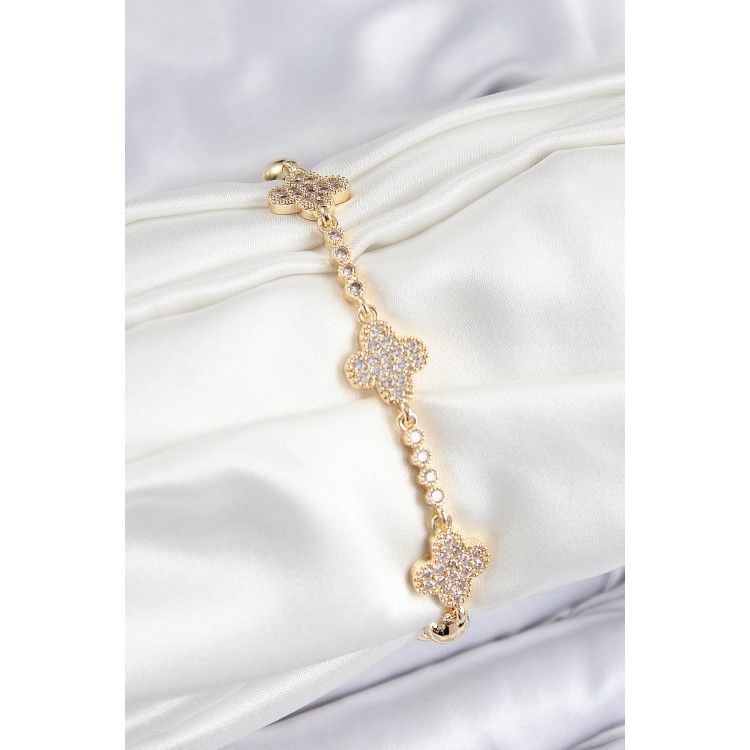 Pirinç Zirkon Taşlı Yonca Model Gold Renk Kadın Bileklik TJ-BB7561