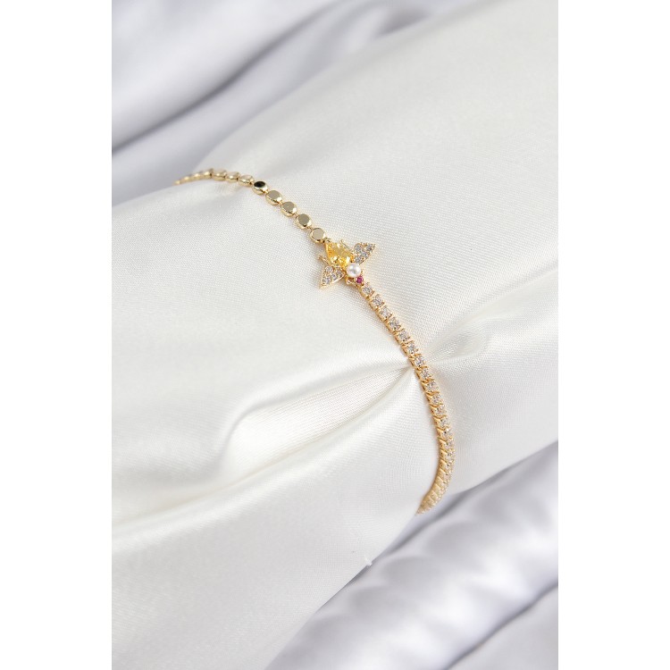 Pirinç Zirkon Taşlı Arı Model Ezme Zincir Gold Renk Kadın Bileklik TJ-BB7595