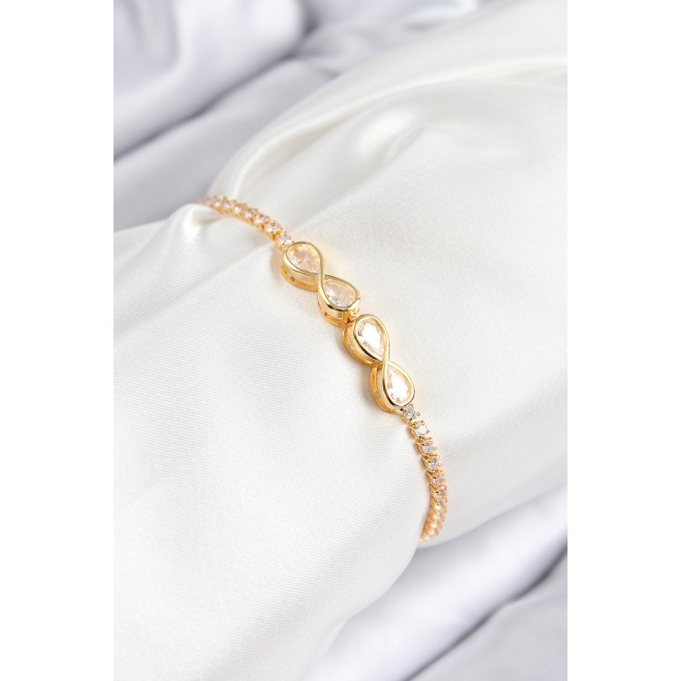 Pirinç Zirkon Taşlı Sonsuzluk Model Gold Renk Asansörlü Kadın Bileklik TJ-BB7721