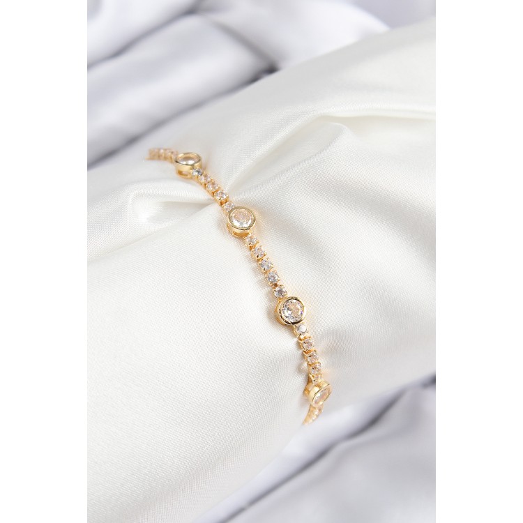 Pirinç Zirkon Taşlı Daire Model Gold Renk Asansörlü Kadın Bileklik TJ-BB7745