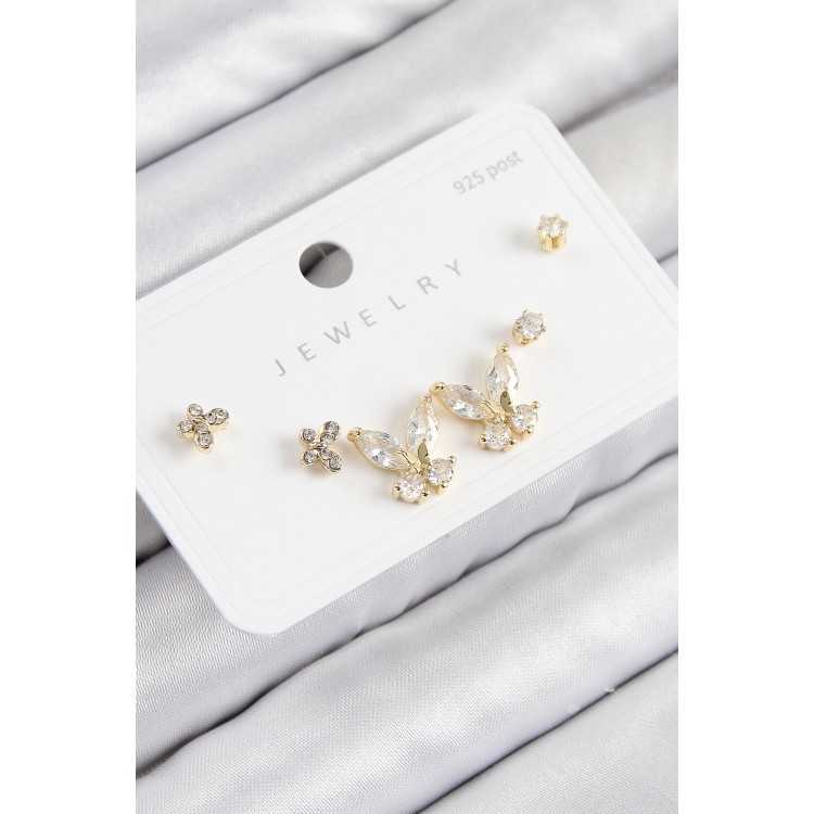 Pirinç Zirkon Taşlı Model Gold Renk 925 Ayar Gümüş Çivi Kadın Küpe Set - TJ-BKP11166