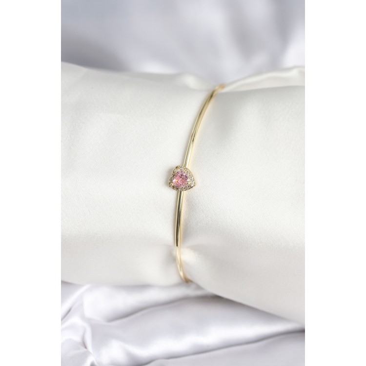 Pembe Zirkon Taşlı Kalp Model Gold Renk Kadın Bileklik TJ-BB8001