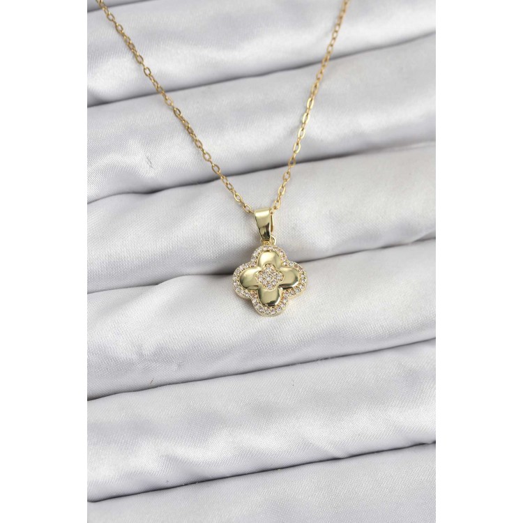 316L Çelik Zincir Gold Renk Zirkon Taşlı Yonca Model Kadın Kolye TJ-BKO10767