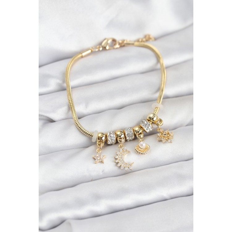 Brass Gold Color Moon Charm Model Charm Women's Bracelet TJ-BB8175
