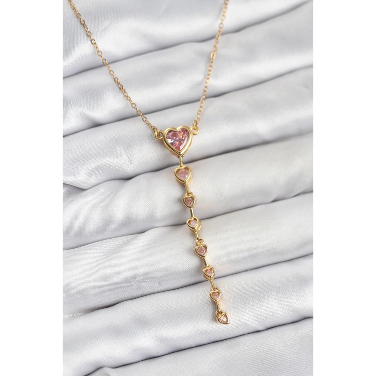 316L Çelik Zincir Gold Renk Pembe Kalp Kadın Kolye - TJ-BKO10820