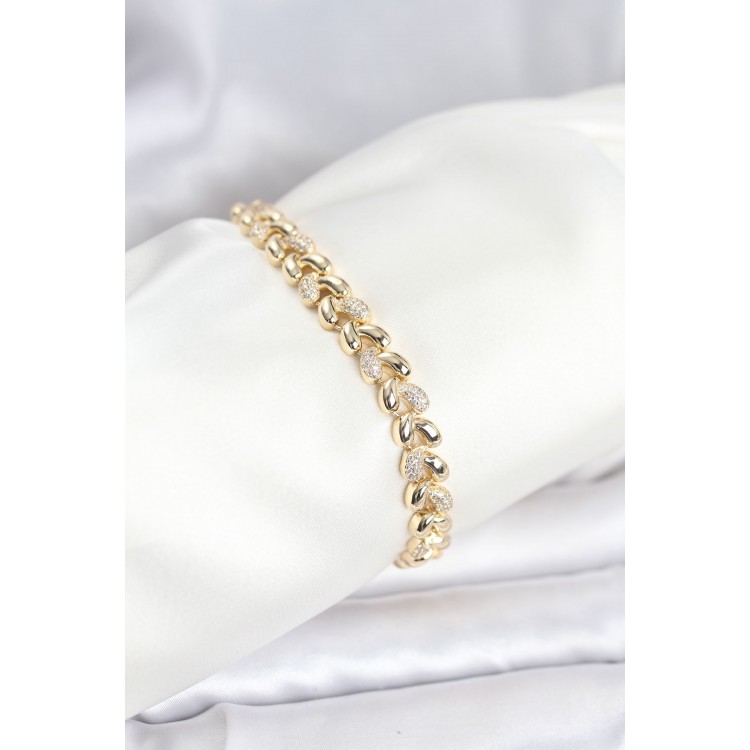 Pirinç Gold Renk VIP Seri Sarmal Damla Model Zirkon Taşlı Kadın Bileklik TJ-BB8268