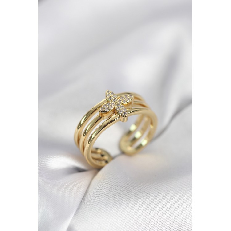 Gold Renk Zirkon Taşlı Yonca Model Kadın Yüzük TJ-BYK4054