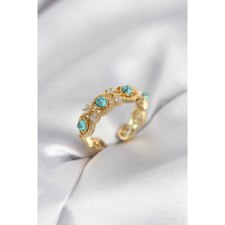 Mavi Taşlı Gold Renk Vintage Kadın Yüzük TJ-BYK4141