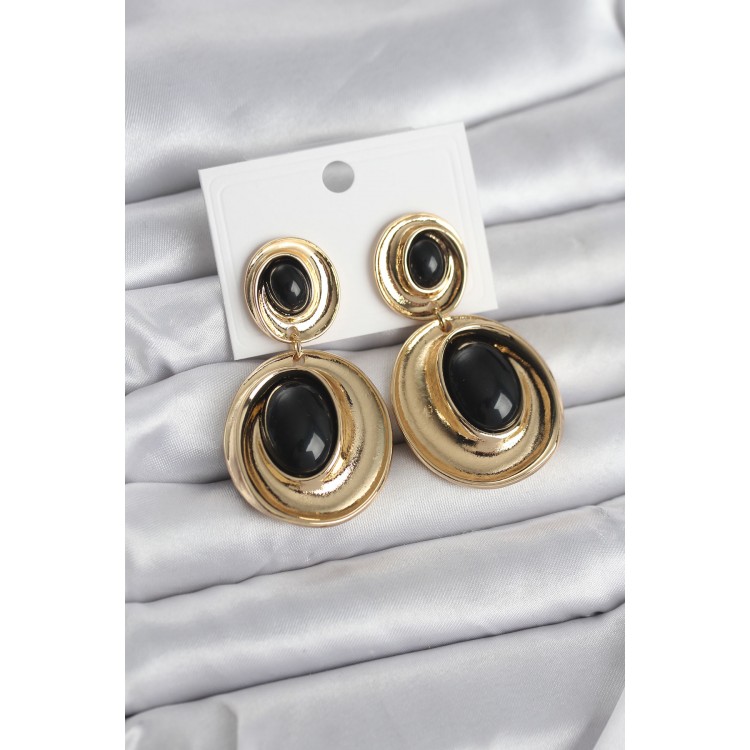 Siyah Sallantılı Damla Model Gold Renk Vintage Kadın Küpe TJ-BKP11669