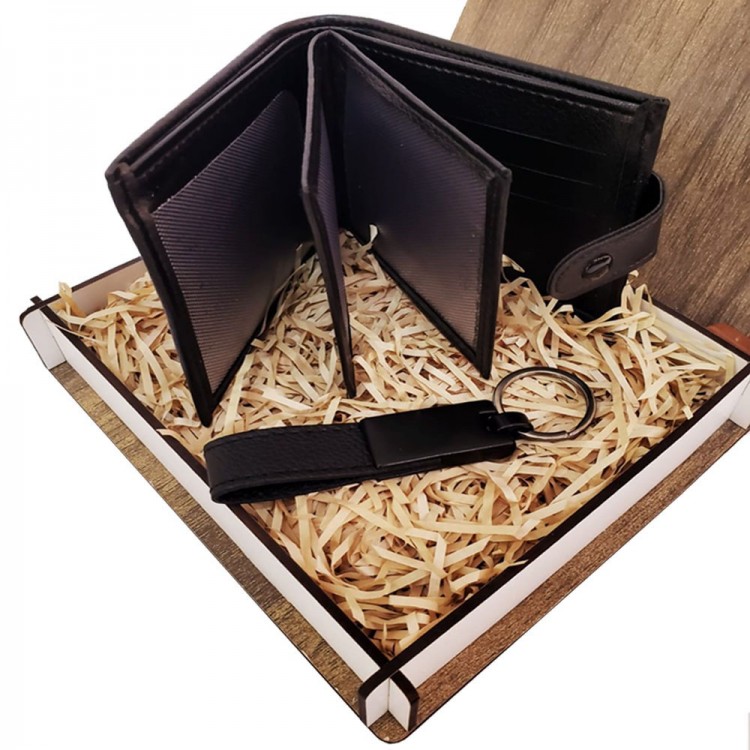 Wallet Keychain Set with Wooden Box