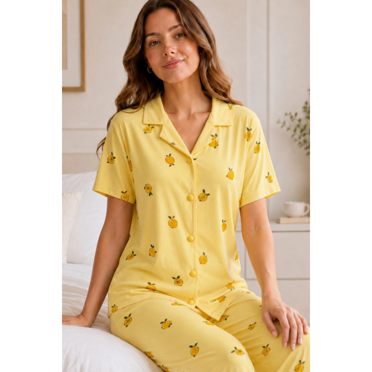 Sarı Limon Desenli Kısa Kollu Gömlek Yaka Milan Kumaş Kadın Pijama Takımı