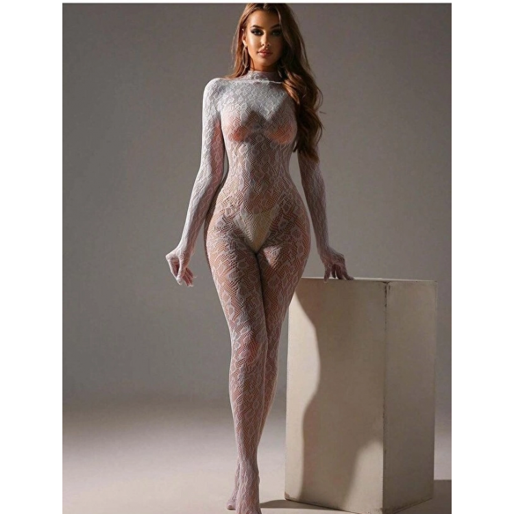 Kadın Seksi Leopar Desenli Transparan File Tulum Uzun Kollu Eldivenli Büyük Beden Vücut Çorabı