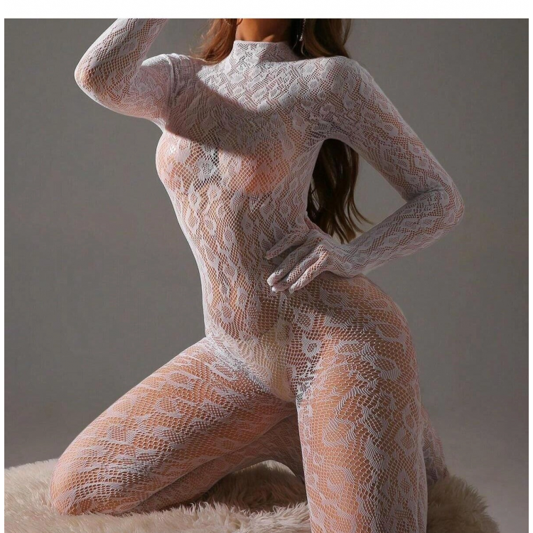 Kadın Seksi Leopar Desenli Transparan File Tulum Uzun Kollu Eldivenli Büyük Beden Vücut Çorabı