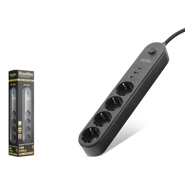 Termal Akım Korumalı Uzatma Kablosu 4 Priz 2 Usb Type-C Anahtarlı 2 M - Siyah SH4625