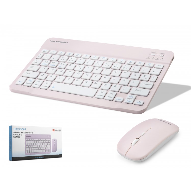 Kablosuz Bluetooth Smart Klavye Mouse Seti Şarjlı 1600 Dpi Pembe HDX2508P
