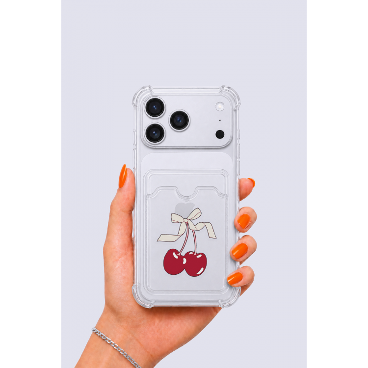 iPhone 17 Pro Max Kartlıklı Kiraz Desenli Kılıf