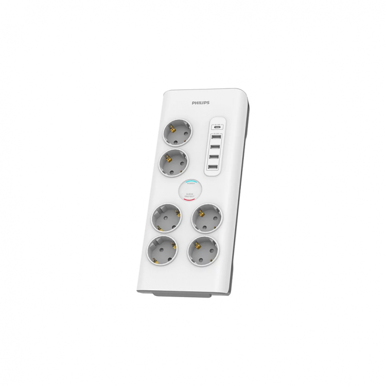 PHILIPS SPN7060WA/62 6 Soket Akım Korumalı Priz 900 Joules 2Mt Kablo 1xUsb-C 15W Şarj 4xUsb-A 20W (Beyaz)(1923)