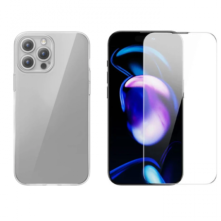 Baseus iPhone 15 Pro Max Schott Series TransparentSilicone Case + Tempered Screen Protector Set-(5775)