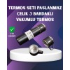 Paslanmaz Termos ve İkili Bardak Seti | 6-12 Saat Sıcak/Soğuk Tutma