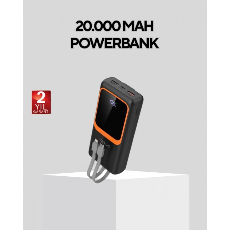 Powerbank 20000 mAh Dijital Ekranlı ve Çok Kablolu Hızlı Şarj Cihazı