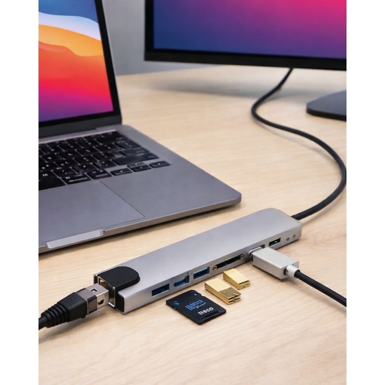 8 Port Type C Hub USB HDMI RJ45 SD TF Kart Okuyucu Çoklayıcı