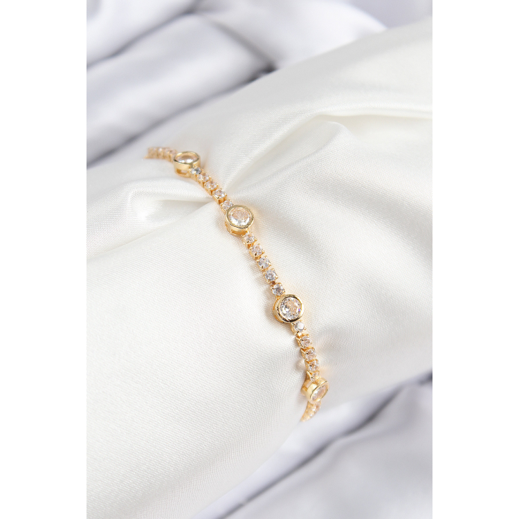 Pirinç Zirkon Taşlı Daire Model Gold Renk Asansörlü Kadın Bileklik 5886