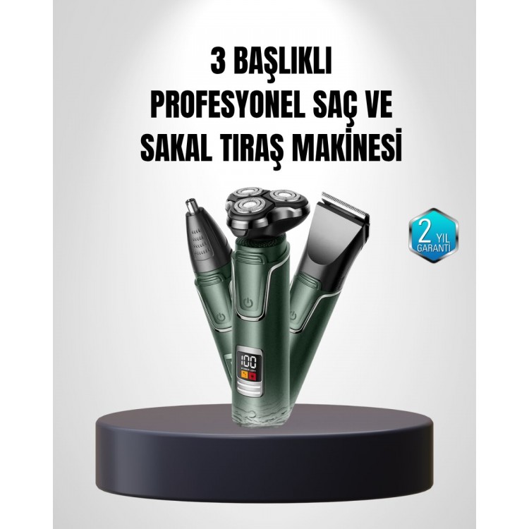 3D Akıllı Kesim Teknolojili Şarjlı Tıraş Seti – 3 Başlıklı Paslanmaz Çelik Bıçaklı