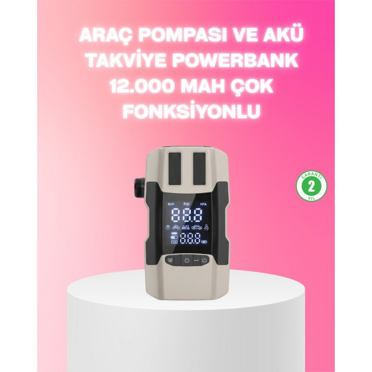 Araç Hava Pompası ve Akü Takviye Powerbank 12.000 mAh Çok Fonksiyonlu