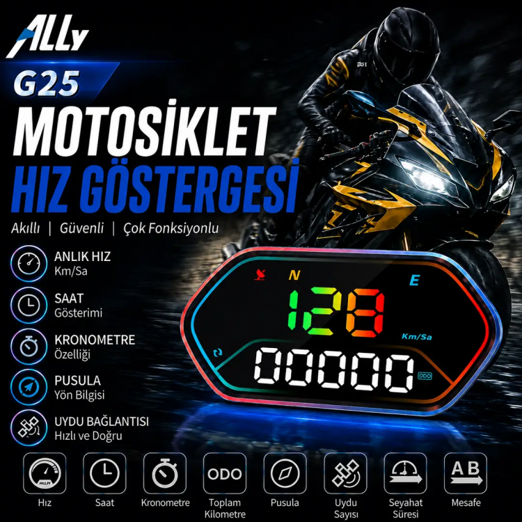Ally HUD G25 OBD2 + GPS Head Up Display HUD Dijital Hız Göstergesi - Motosiklet ile Uyumlu-(5775)