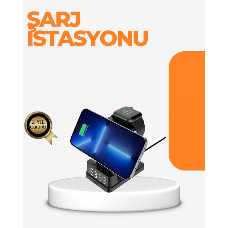 4’ü 1 Arada Kablosuz Şarj İstasyonu – LED Saat Ekranlı Apple Uyumlu Akıllı Güvenlik Koruması