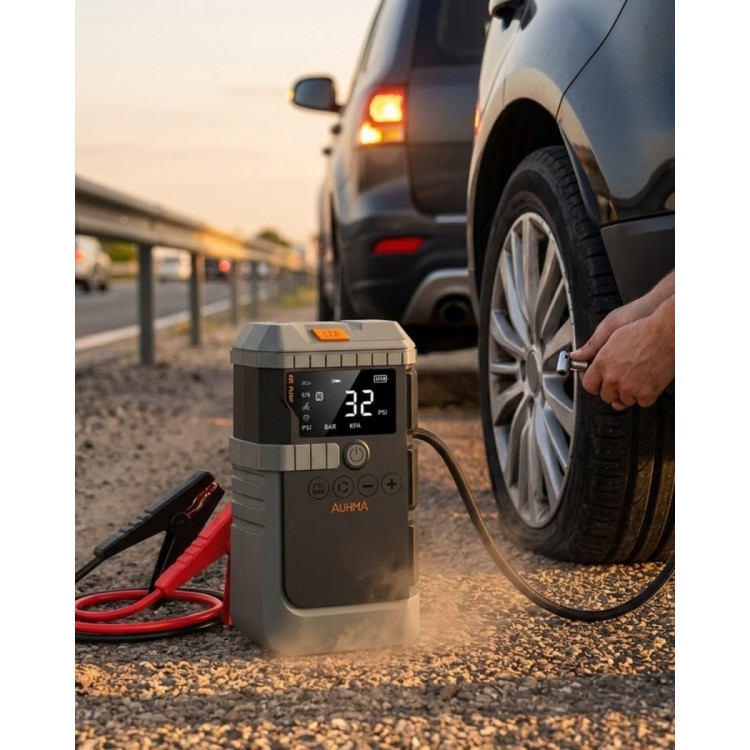 Araç Akü Takviye Powerbank Lastik Şişirme Kompresörü LED Işıklı Çok Fonksiyonlu Acil Durum Cihazı