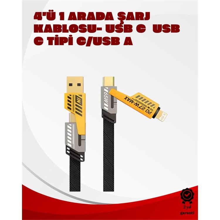 Dönüştürülebilir 4 Başlıklı Hızlı Şarj Kablosu – 1.2m 65W Dayanıklı ve Esnek Tasarım