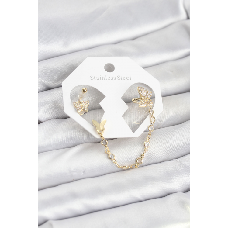 Kelebek Model Pirinç Gold Renk Zincir Bağlantılı Ear Cuff Küpe Seti 5886