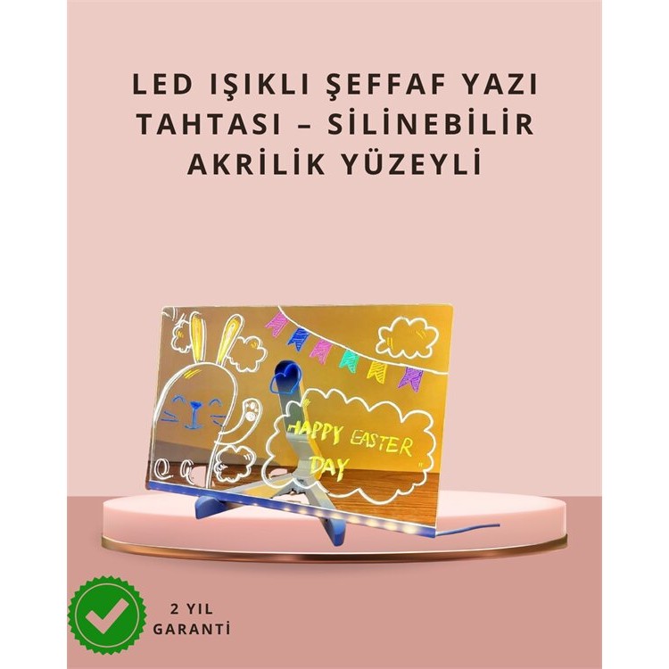 LED Işıklı Şeffaf Yazı Tahtası – Neon Etkili Akrilik Pano Silinebilir 7 Renkli Kalemli 30x20 cm