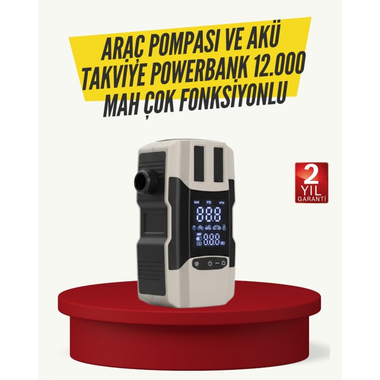 Araç Lastik Şişirme Pompası ve Akü Takviye Powerbank Bir Arada