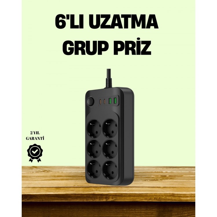 2500W Güçlü 6’lı Priz USB ve Type-C Çıkışlı Termal Korumalı